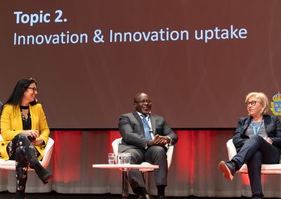 Panel Debate on European Day. Anna Olin Kardell (moderator of EAFS 2022), Dr. Justice Tettey (United Nations Office on Drugs and Crime - UNODOC), and Christina Bertler Edlund (Chairperson, ENFSI). Photo by Marcus Andrae.